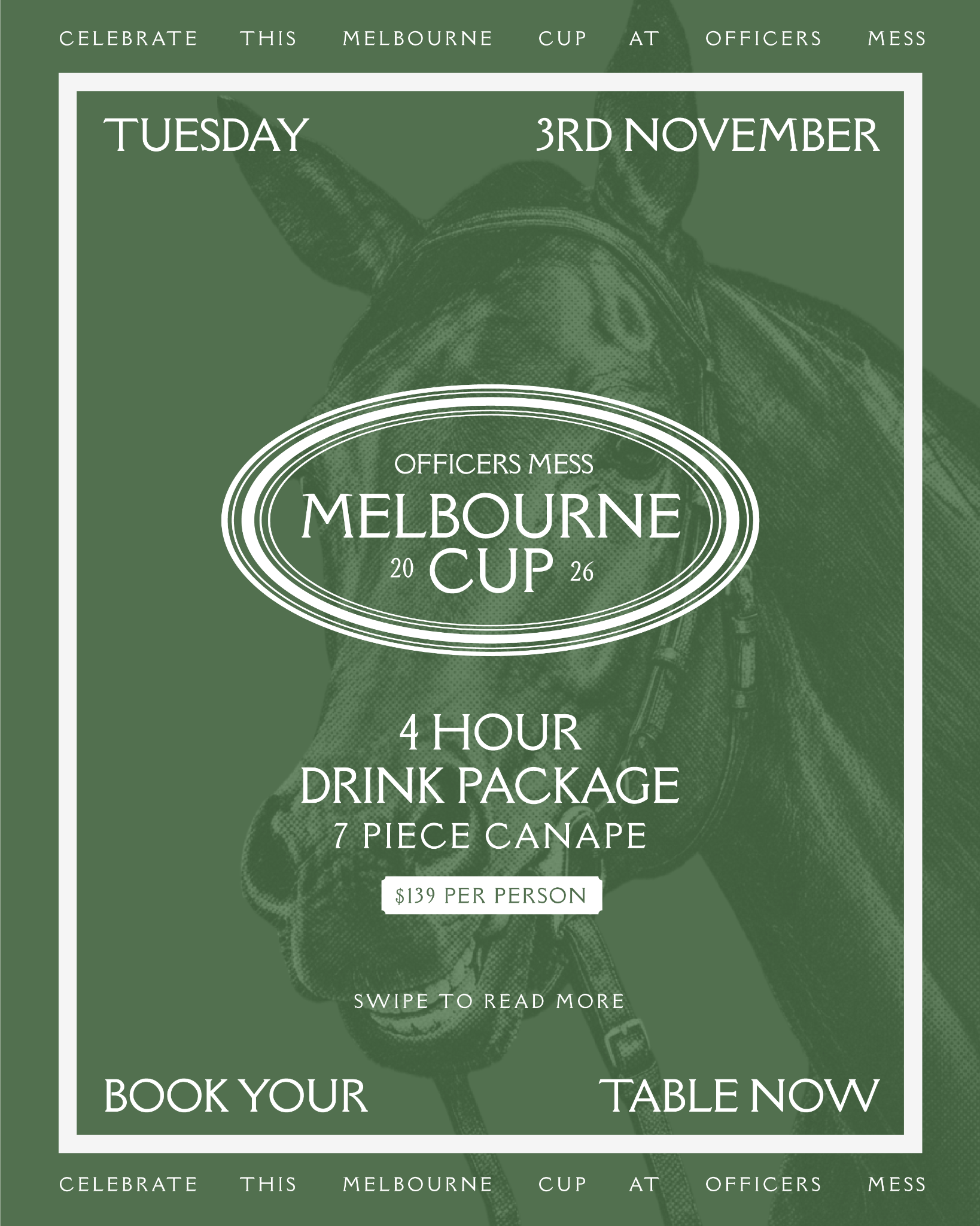 Melbourne Cup at Officers Mess, Tuesday 3 November 2026: four-hour drinks package and seven-piece canapé menu, $139 per person